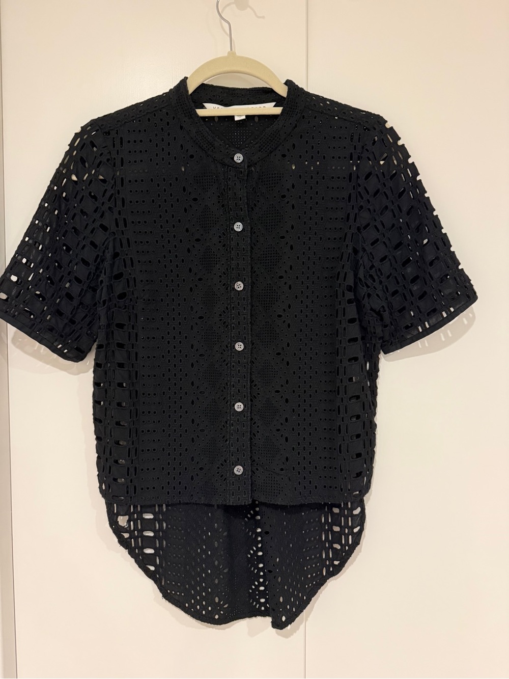 Veronica Beard Black Short-Sleeve Eyelet Button-Down Shirt